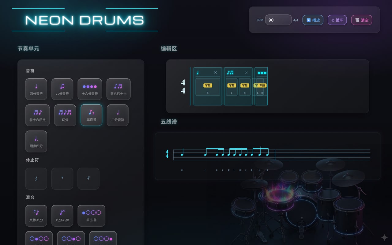 NeonDrums - 小节编辑与五线谱实时渲染